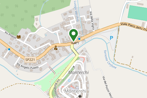 Mappa di Monterchi: il segnaposto verde indica la sede di Sistemi Chiocciola sul viale Piero della Francesca, all’incrocio con la strada che sale al centro storico.