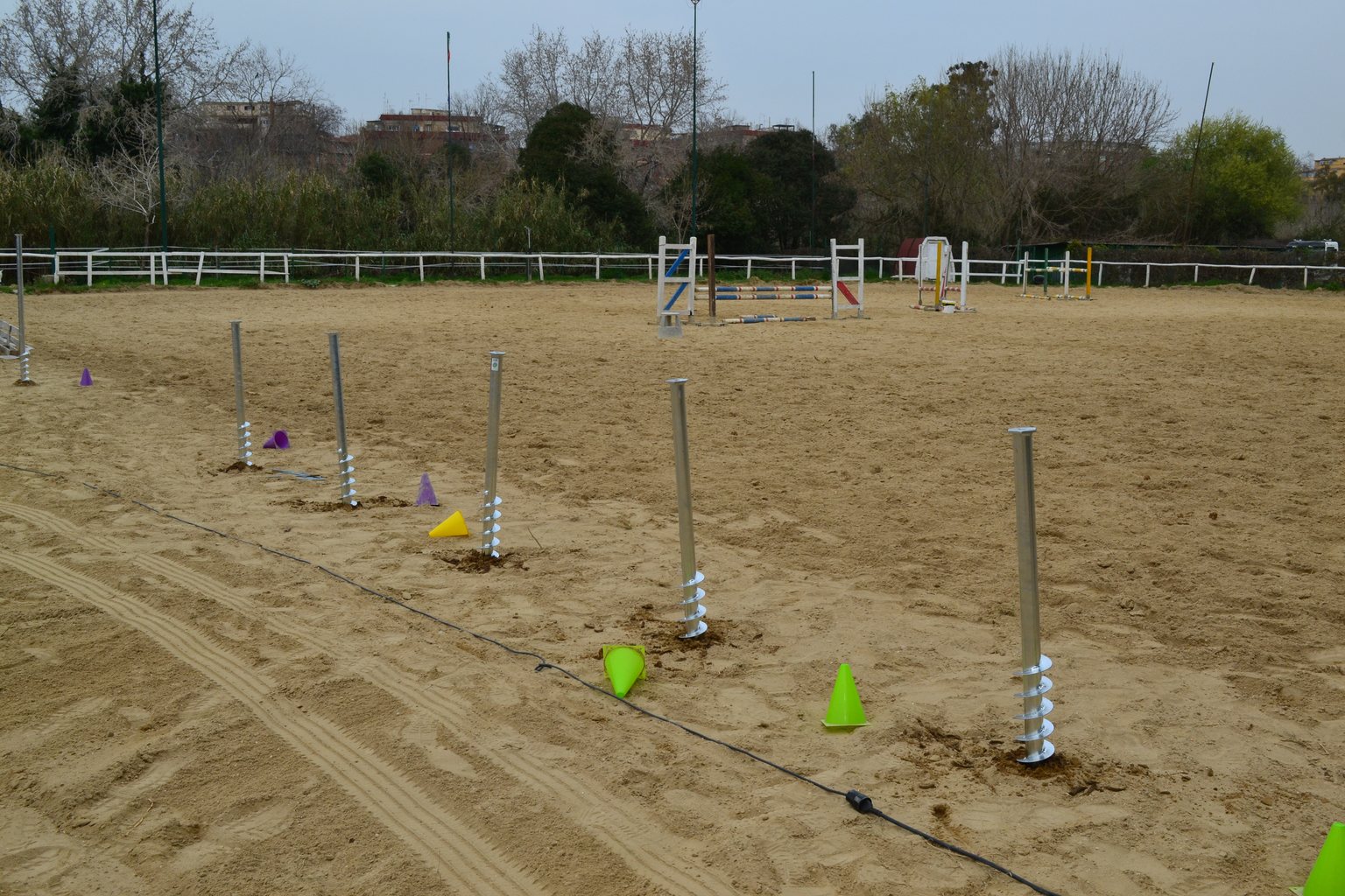 Fila di fondazioni a vite T-Block appena avvitate nella sabbia del campo di un maneggio: attorno ai fusti niente scavo e niente getto.