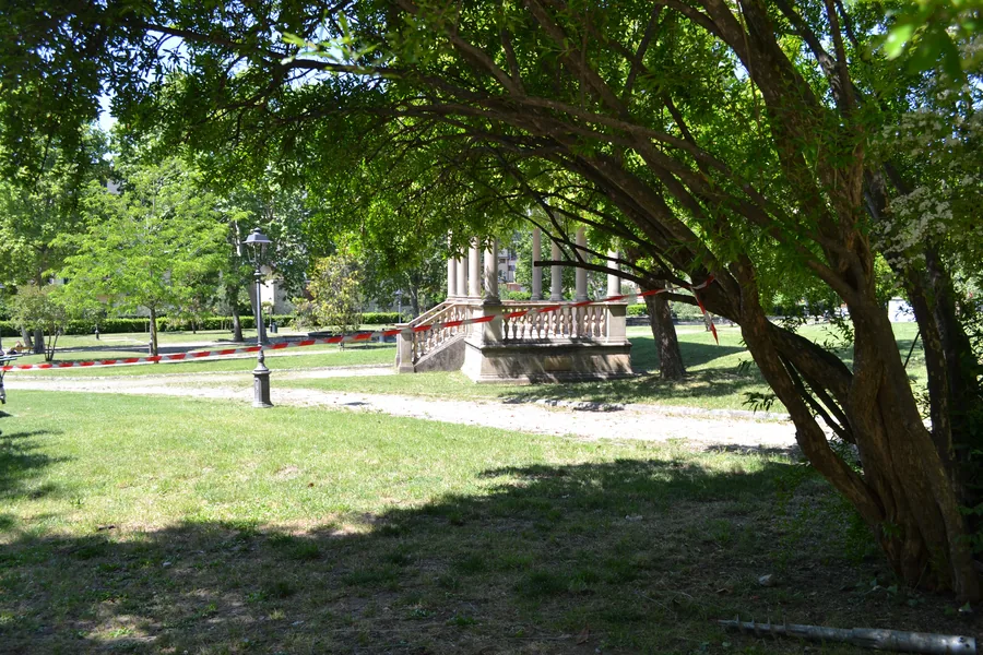 Il prato del parco sotto gli alberi: dove passano le viti non restano plinti ne' getti da demolire, solo terreno.